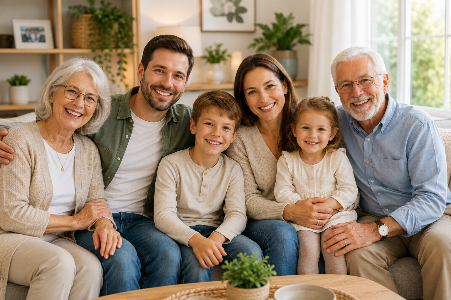 Glückliche Familie mit Großeltern, Eltern und Kindern als Symbol für rechtzeitige Vorsorge und Sicherheit im Ernstfall