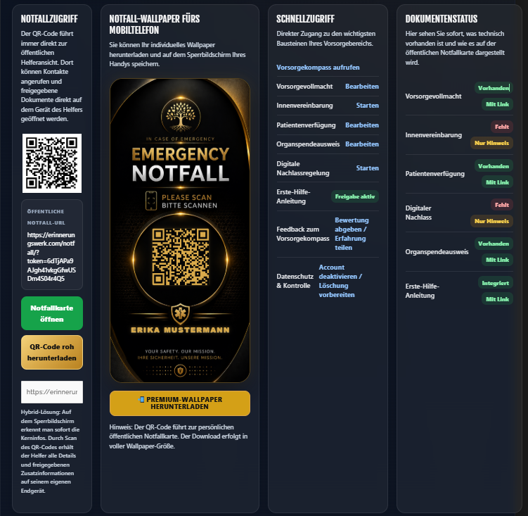 Dashboard mit Notfallzugriff, Notfall-Wallpaper, Schnellzugriff und Dokumentenstatus