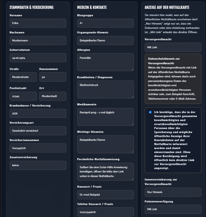 Dashboard zur Eingabe persönlicher Daten, medizinischer Angaben und Anzeige auf der Notfallkarte
