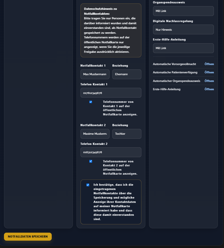 Dashboard zur Verwaltung von Notfallkontakten, Dokumenten und Freigaben